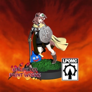May include: A detailed figurine of a character with brown hair, a shield, and a sword, standing on a green base with a blue slime. The figurine has a yellow cape and is set against an orange background. The text "UNLIMITED PRINT WORKS" is visible.