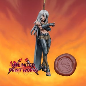 May include: A miniature figurine of a long-haired character with silver hair, wearing metallic armor on the arms and legs, standing next to a large sword and a brown circular wax seal with the letters ES embossed on the surface.