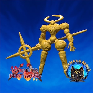 May include: A yellow, humanoid figurine with a horned head, multiple eye-like markings on its torso, and a large, cross-shaped staff. The figure has a textured, rocky appearance. Text on the image reads Unlimited Print Works and Irnkmans Minis.