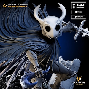 May include: A detailed miniature figure of a character with a white mask, large horns, and flowing dark blue cape. The figure is holding a sword and a curved blade. The text "PRESUPPORTED AND MAGNETC-READY" is visible. The figure is labeled as 1:10 scale.