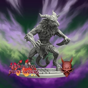 May include: A gray, detailed figurine of a horned creature holding a knife, with a furry chest and a tail. The figurine is on a circular base, with a red mask and the text "UNLIMITED PRINT WORKS". The background has purple and green swirls.
