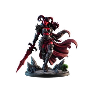 May include: A red-skinned female figurine with horns, wearing black armour and a red cape, holding a red sword. The figurine is standing on a black base with a rocky terrain and a small green bush.