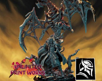 May include: A detailed fantasy figurine featuring a skeletal dragon with large wings, standing over a robed figure. The figurine is dark gray with red accents, and the base includes skulls. The text "Unlimited Print Works" is visible.