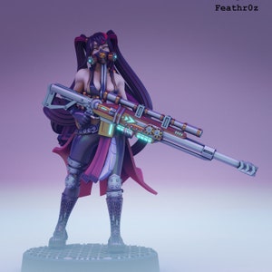 May include: A female figure with long purple hair, wearing a black and red outfit and a gas mask, holds a large, detailed, steampunk-style rifle with a scope and gears. The figure is standing on a platform with a foggy background.