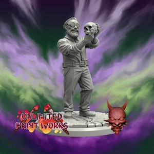 May include: A grey figurine of a man holding a skull, wearing glasses and a button-down shirt. The figurine is on a circular base with a red demon mask. The text "UNLIMITED PRINT WORKS" is also visible.