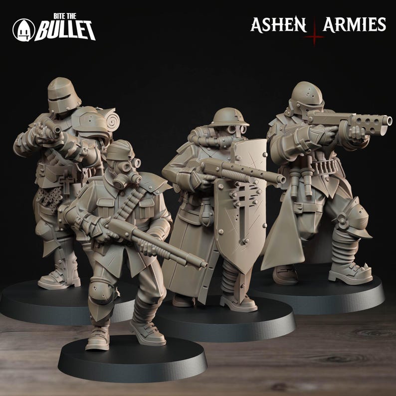 Op de afbeelding: Vier grijze miniatuurfiguren van soldaten in gevechtsuitrusting, elk met een wapen. De figuren staan op zwarte cirkelvormige bases. De tekst "Bite the Bullet" en "Ashen Armies" is zichtbaar.