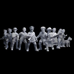 May include: A set of 10 painted figurines, depicting various characters in different poses. The figurines are all white and appear to be made of plastic. The figurines are arranged in a row on a black background.