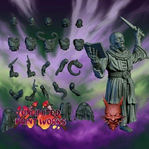 May include: A grey resin miniature kit featuring a robed figure holding a book and a dagger, accompanied by various interchangeable heads, torsos, arms, and lower garment pieces. The text UNLIMITED PRINT WORKS is displayed in the lower left corner.