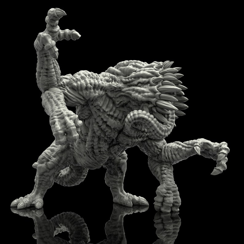 May include: A detailed, gray, 3D printed model of a monstrous creature with sharp claws and teeth. The creature is posed in a dynamic stance, with one arm raised and its claws extended.