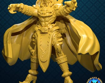 May include: A golden figurine of a fantasy character in ornate armor, cape, and headdress, with arms outstretched. The figure has detailed textures and is posed dynamically. The base of the figurine has the text "Irkman's Minis".