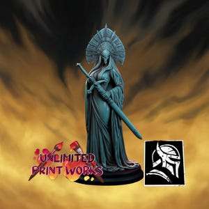 May include: A teal-colored miniature figurine of a standing figure wearing a tall, ornate, fan-shaped headdress and a long, flowing robe. The figure holds a long sword diagonally across the body. Text reads UNLIMITED PRINT WORKS.