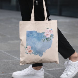 Watercolor Ohio with pretty roses Canvas Tote Bag - Heart in Ohio Bag - Buckeye State Midwest Tote Bag - Gift for Her Ohio Home