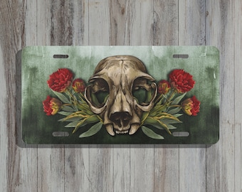 Pretty Floral Cat Skull License Plate | Unique Car Accessories For Her | Witchy Goth Punk Vehicle Car Tag | Spooky Halloween Season | Gift