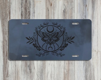 Dark Crescent Moon Moth License Plate | Unique Car Accessories For Her | Front Car Plate Witchy Vibes | Pretty Occult | New Driver Vanity