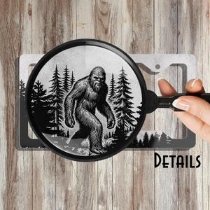 Wandering Bigfoot Forest Woods Metal License Plate Frame | Unique Tree Car Accessories Him Her | Cryptid Hiking Car Front Tag | Nature Lover image 2