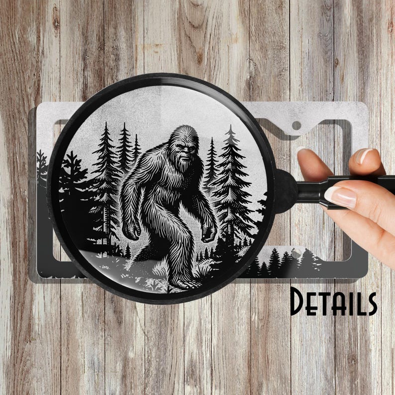 Wandering Bigfoot Forest Woods Metal License Plate Frame | Unique Tree Car Accessories Him Her | Cryptid Hiking Car Front Tag | Nature Lover image 2