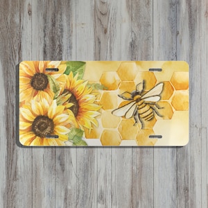 Golden Sunflowers and Honey Bee License Plate | Unique Car Accessories For Her | Cute Front Car Plate | New Car New Driver Honeycomb Tag