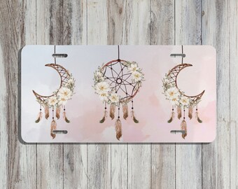 Pretty Pastel Floral Dreamcatcher License Plate | Unique Moon Car Accessories For Her | Pastel Witch Front License Plate Vehicle Tag Women