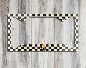 Retro Sunset Checkered Skull Slim License Plate Frame | Cool Car Accessories | Car Plate Frame For Him Her | Gift | Punk Goth Husband Man