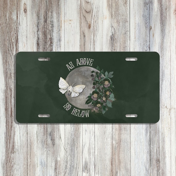 Celestial Moth Dark Watercolor Witchy Vibes Vanity License Plate - As Above So Below Magic Coven Celestial Moon Spooky Dark Vanity Plate