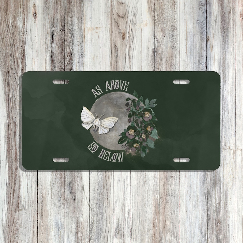 Pode incluir: Uma placa de matr&iacute;cula verde com uma lua branca, uma mariposa branca e flores. O texto "As Above So Below" est&aacute; escrito em um c&iacute;rculo ao redor da lua.