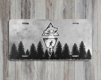 Dark Woods Alien Abduction UFO License Plate | Cool Spaceship Car Accessories For Him Her | Unique Front Car Plate | Spooky New Car Tag