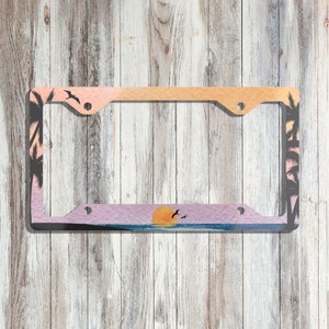 Palm Tree Beachy Vibes Sunset Slim Thin License Plate Frame - Unique Car Accessories For Her Him - Cute Ocean Sea Water Car Plate New