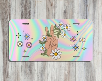 Psychedelic Rainbow Floral Peace License Plate | Cool Peace Sign Car Accessories Her | Unique Front Car Plate | Pastel Rainbow Hippie Tag