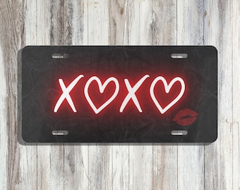 Neon X O Valentines Day Hearts License Plate | Unique Car Accessories For Her | Cute Front Car Plate Holiday Love | New Car Lips Kiss