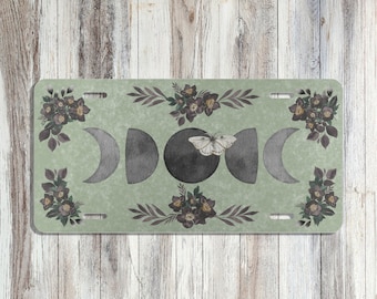 Front Painted Moon Phase Moth License Plate | Green Front Car Plate | Celestial Witch Floral | Personal Plate License Plate Car Tag Vehicle
