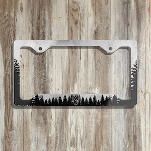 Wandering Bigfoot Forest Woods Metal License Plate Frame | Unique Tree Car Accessories Him Her | Cryptid Hiking Car Front Tag | Nature Lover image 1