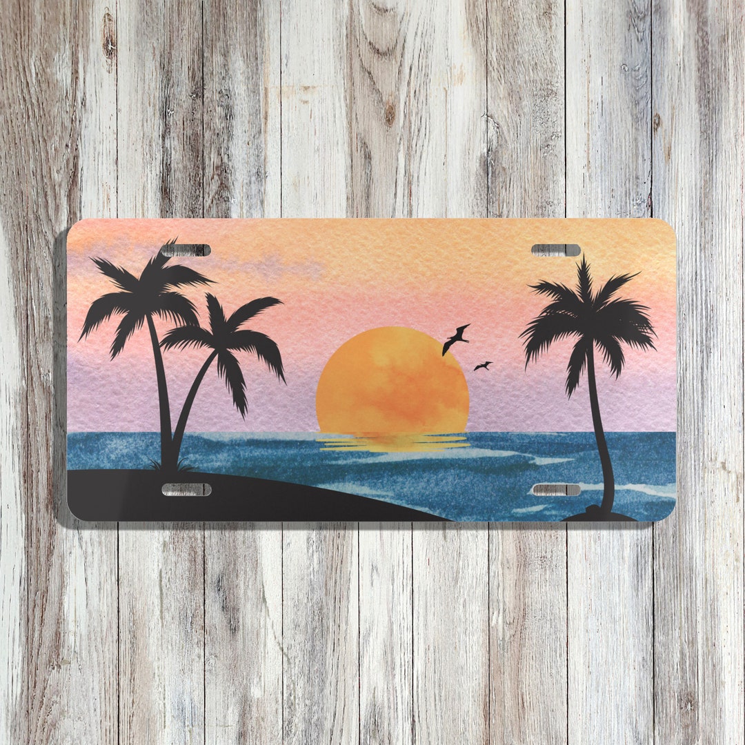Palm Trees On The Beach At Sunset With Purple Sky Front License Plate, Decorative Novelty Accessories Rust-Proof Stainless Steel 12X6IN