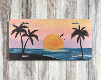 Sunset Beachy Vibes Palm Tree License Plate | Unique Car Accessories For Her | Cute Front Car Plate Ocean Sea Water | New Car Driver Gift