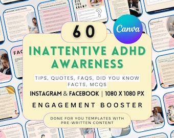 ADHD Instagram Post Templates: Mental Health, Therapist Social Media (Canva Editable Bundle)