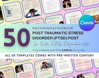 PTSD Instagram Posts Bundle: 50 Post Traumatic Stress Disorder Canva Templates (Digital Download)