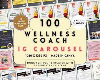 Wellness Coach Instagram Carousel Templates: 10 Unique Sets (Canva Editable)