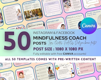 Paquete de plantillas editables de Canva para coaches de mindfulness en Instagram: 50 plantillas para coaches espirituales, holísticos y de bienestar.