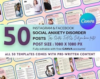 Social Anxiety Disorder Instagram Bundle: 50 Mental Health Canva Social Media Digital Template