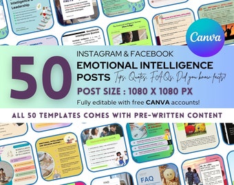 Emotional Intelligence Instagram Bundle: 50 Editable Canva Template