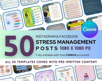 Stress Management Instagram Bundle: 50 Counselor Social Media Post (Editable Canva Templates)