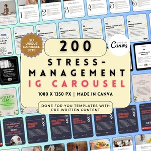 200 Stress Management Instagram Carousel Templates. Stress Relief Canva Templates, Social media content, engagement booster, life coach tool