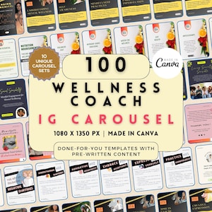 Puede incluir: Un collage de 100 plantillas de carrusel de Instagram para coach de bienestar con contenido preescrito. Las plantillas están diseñadas en un estilo brillante y colorido con imágenes de frutas y verduras. El texto en las plantillas incluye temas como la nutrición, la atención plena y la conciencia de sí mismo. El texto "100 Wellness Coach IG Carousel" se muestra en letras grandes y en negrita.