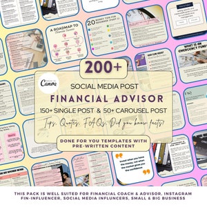 Puede incluir: Un gráfico rosa y amarillo con el texto "200+ Social Media Post Financial Advisor 150+ Single Post & 50+ Carousel Post Tips, Quotes, FAQs, Did you know facts?" y el texto "Done for you templates with pre-written content".