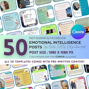 50 Emotional Intelligence Instagram Templates. Mental health Canva Templates, Emotional Wellness, Social media content, engagement booster