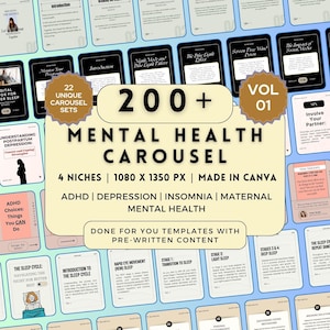 Puede incluir: Anuncio de un carrusel digital de salud mental, con plantillas y contenido preescrito. Los temas incluyen TDAH, depresión, insomnio y salud mental materna. El diseño incluye el texto "200+ Mental Health Carousel" y "Made in Canva".