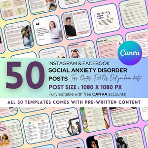 Op de afbeelding: Een collage van 50 social media post-sjablonen voor Instagram en Facebook. De sjablonen zijn ontworpen om mensen met sociale angststoornis te helpen. De sjablonen bevatten tips, citaten, FAQ's en wist je dat-feiten. De sjablonen zijn volledig bewerkbaar met gratis Canva-accounts. De tekst "50 Social Anxiety Disorder Posts" staat in grote, vetgedrukte, witte letters op een roze en blauwe achtergrond.