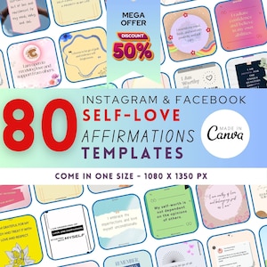 80 Self Love Affirmation Templates, Instagram Template, Canva Templates, social media post, Mental health canva template, affirmation card