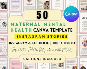Maternal Mental Health Instagram Story Bundle: 50 Editable Canva Template (Postpartum Wellness)