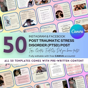50 Post Traumatic Stress Disorder Post, PTSD Instagram Template, mental health post, therapist template, social media post, life coach post