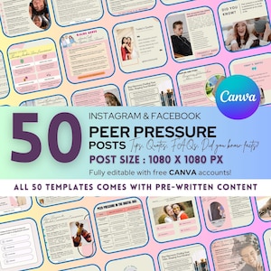 Puede incluir: Un collage de 50 plantillas de publicaciones para redes sociales coloridas para Instagram y Facebook. Las plantillas están diseñadas para ayudar a las personas a hablar sobre la presión de grupo. El texto en la imagen dice "50 publicaciones sobre la presión de grupo Consejos, citas, preguntas frecuentes, ¿Sabías que? Tamaño de la publicación: 1080 x 1080 px. Totalmente editable con cuentas de Canva gratuitas. Las 50 plantillas vienen con contenido preescrito."